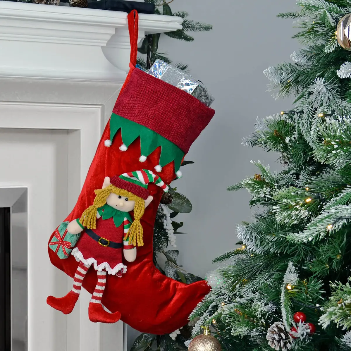 Mr Crimbo Christmas Stocking With Elf Figure Red Green Fleece 58Cm 1
