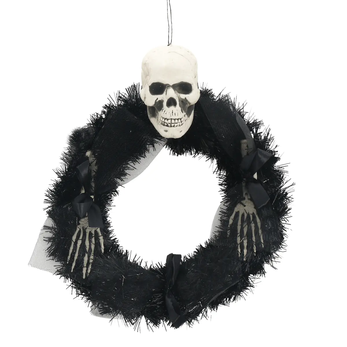 Halloween Wreath Skeleton Skull Hands Black Foliage 45Cm 1