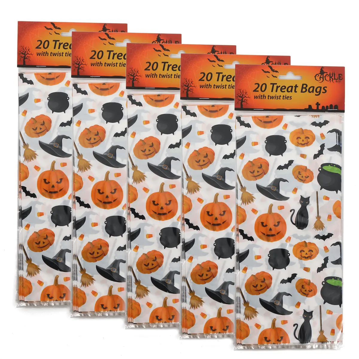 5 X 20Pk Halloween Trick Or Treat Cellophane Bags With Ties 2