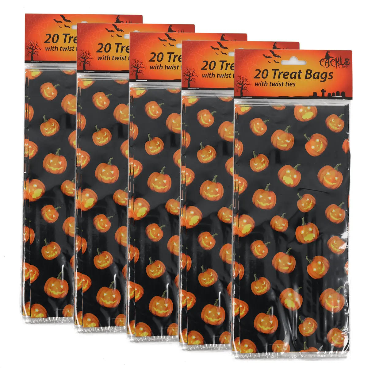 5 X 20Pk Halloween Trick Or Treat Cellophane Bags With Ties 3