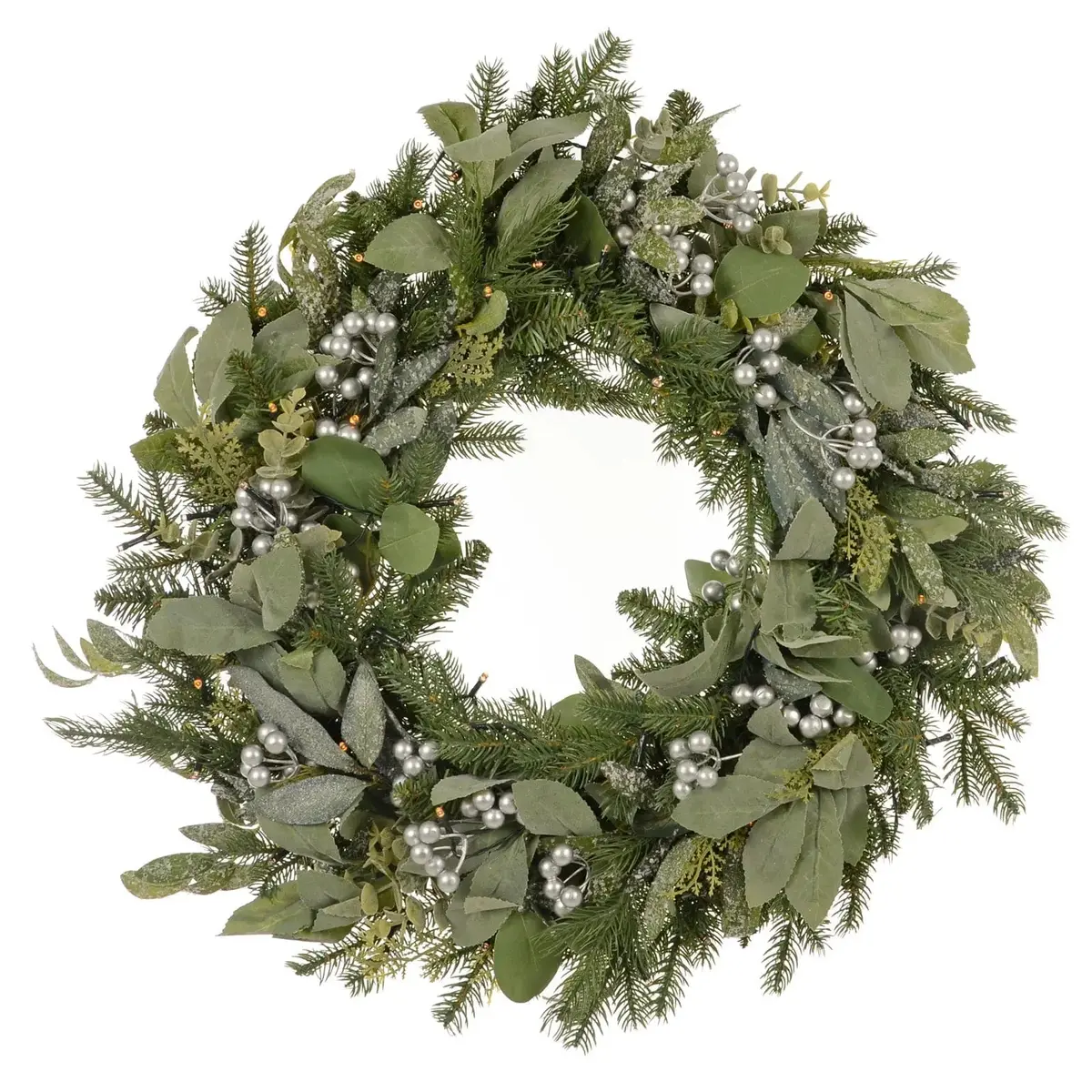 Light Up Christmas Wreath Silver Berries Frosted Foliage Green Mixed Leaves 1