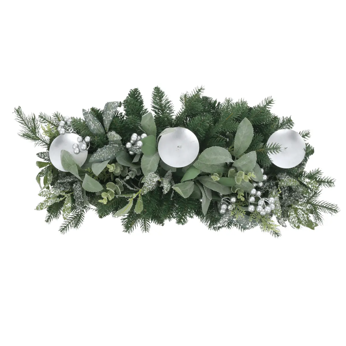Christmas Table Centrepiece Silver Berries Green 3 Candle Holders 1