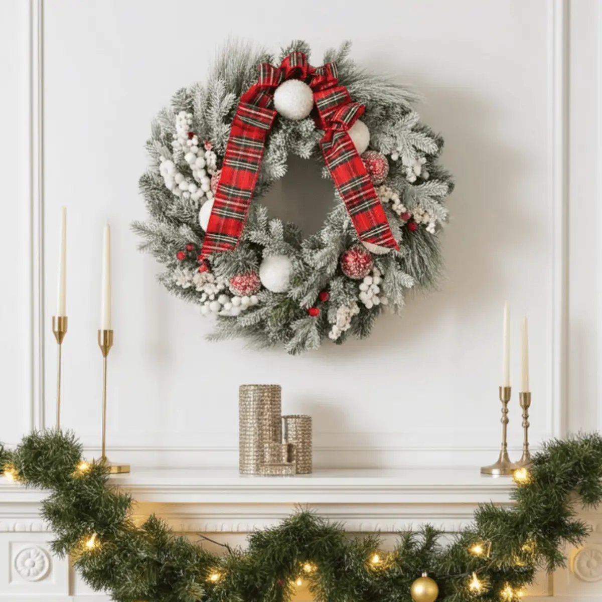 Christmas Wreath Red White Baubles Berries Tartan Snow 60Cm 1