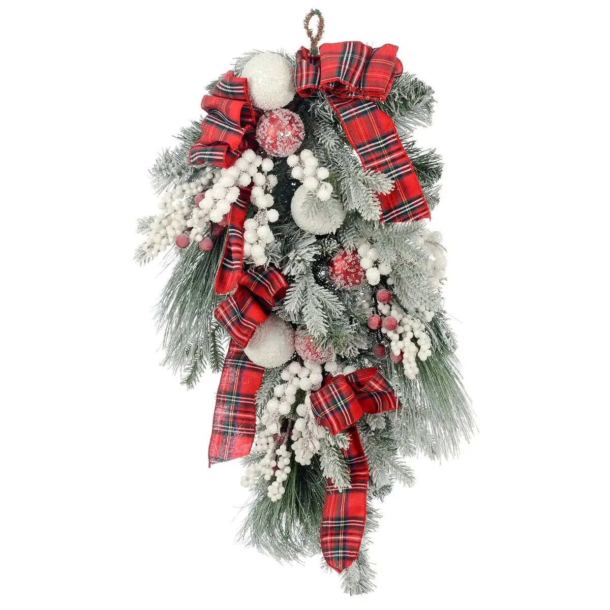 Christmas Teardrop Swag Red Tartan White Baubles Snow 76Cm 1
