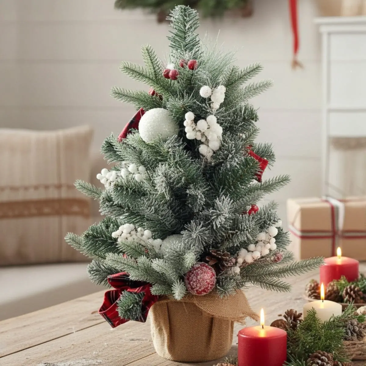 Mini Christmas Tree Red White Baubles Berries Tartan Snow 60Cm 1