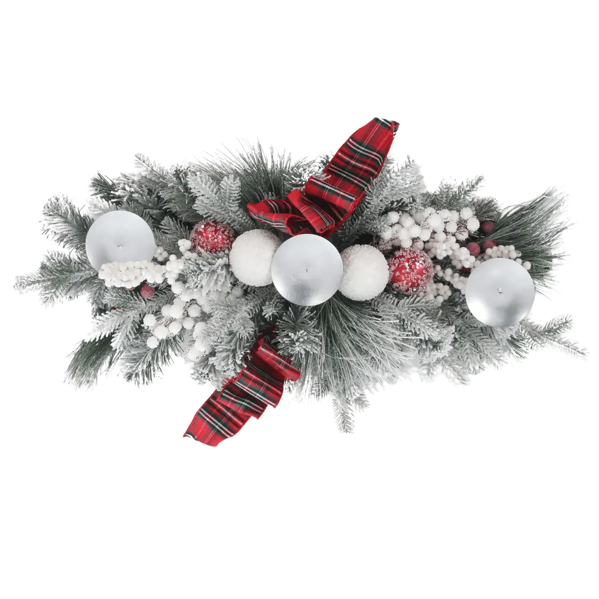 Christmas Table Centrepiece Red White Baubles Tartan 3 Candle Holders 1