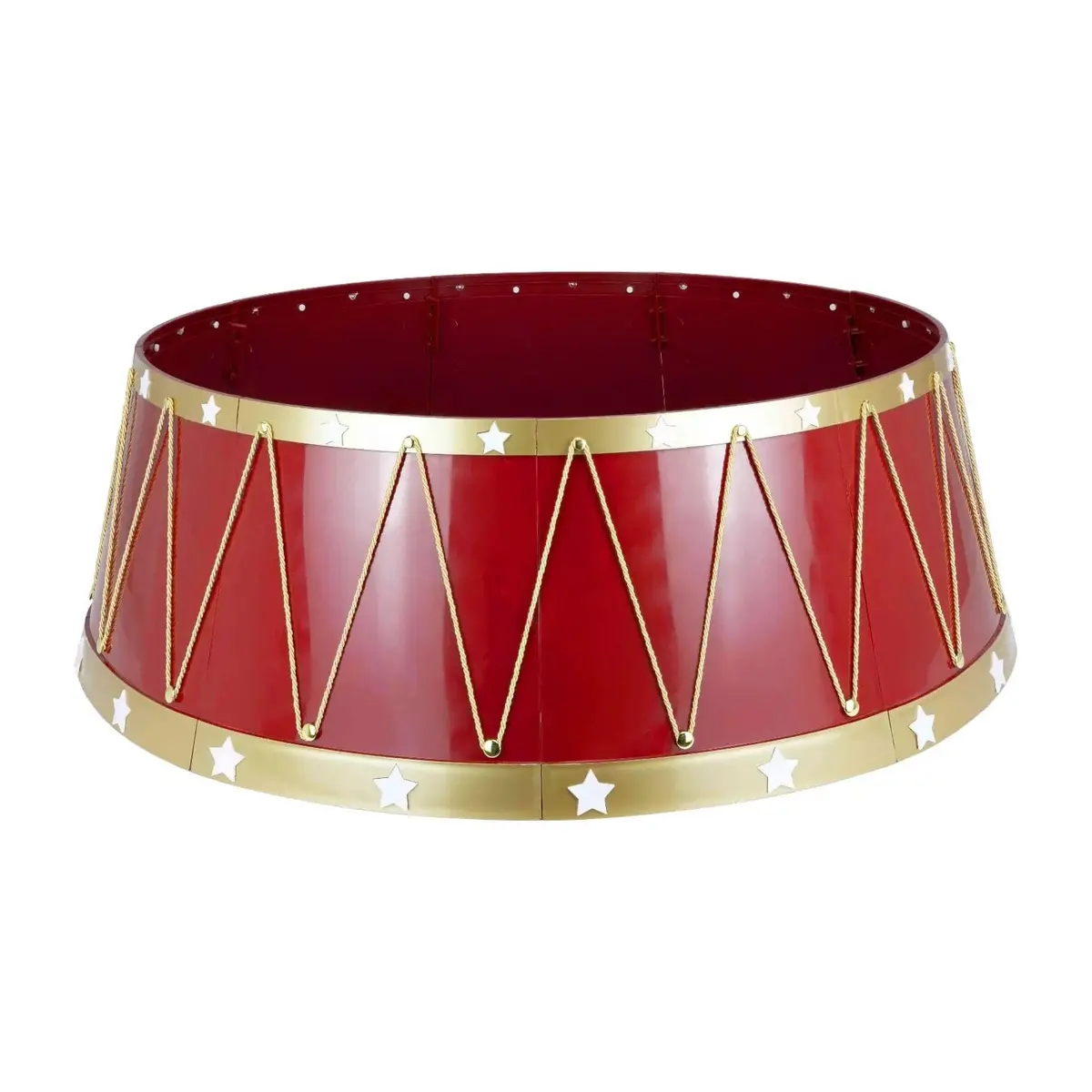 Drum Style Christmas Tree Skirt Red Gold Cord White Stars 65Cm 1