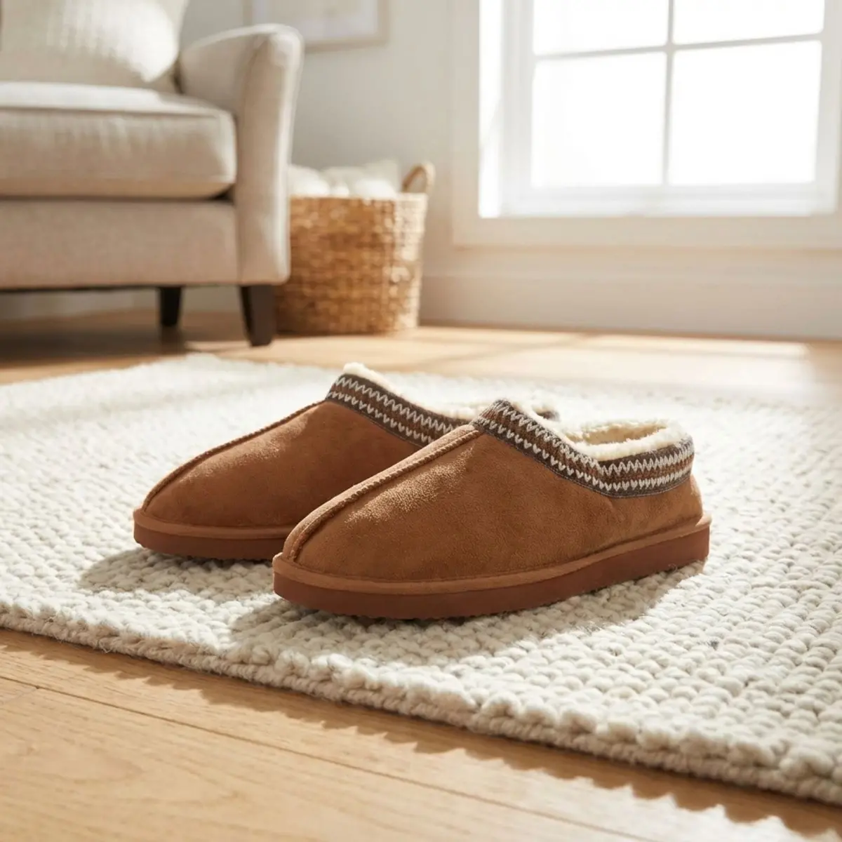 Mens Luxe Plush Lined Mule Slippers Firm Sole Microsuede Tan 1