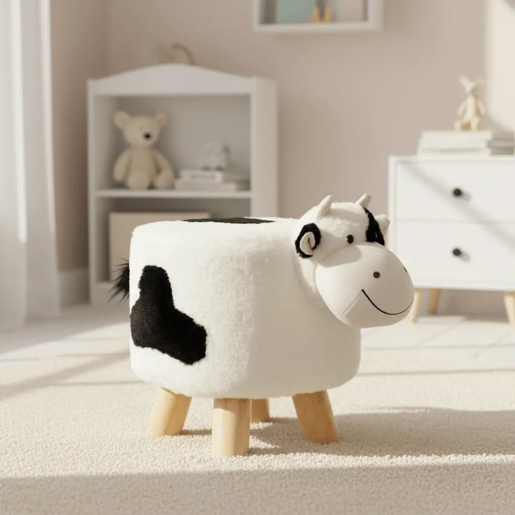 Kids Wooden Animal Stool Seat Chair Plush Faux Fur Removable Cover 3