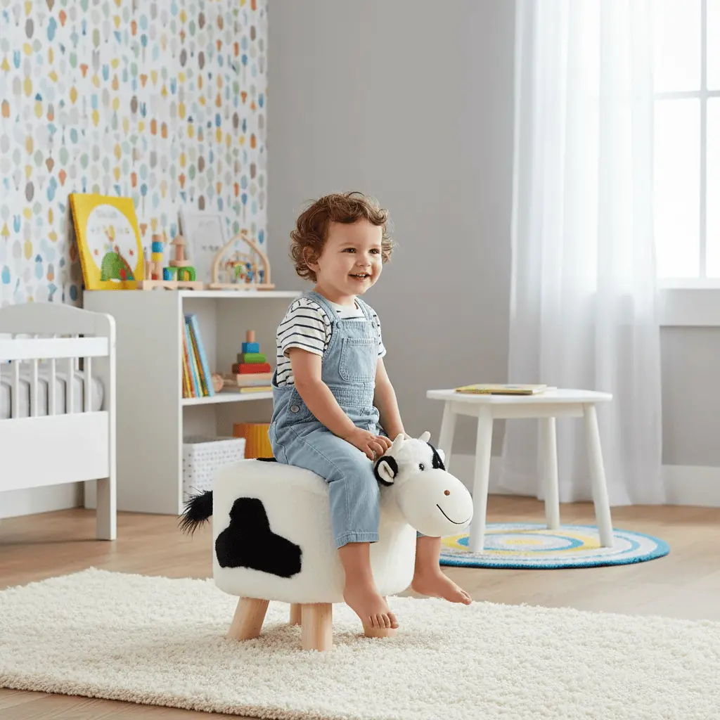 Kids Wooden Animal Stool Seat Chair Plush Faux Fur Removable Cover 5