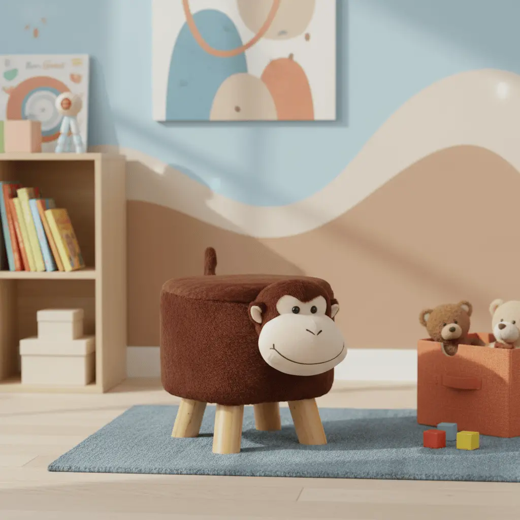 Kids Wooden Animal Stool Seat Chair Plush Faux Fur Removable Cover 2