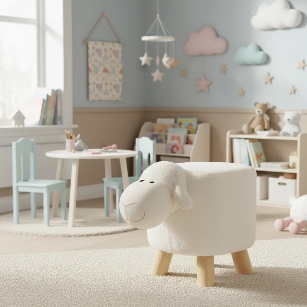 Kids Wooden Animal Stool Seat Chair Plush Faux Fur Removable Cover 3
