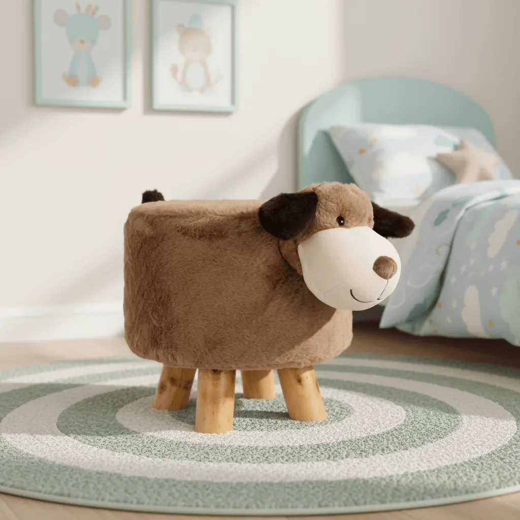 Kids Wooden Animal Stool Seat Chair Plush Faux Fur Removable Cover 4
