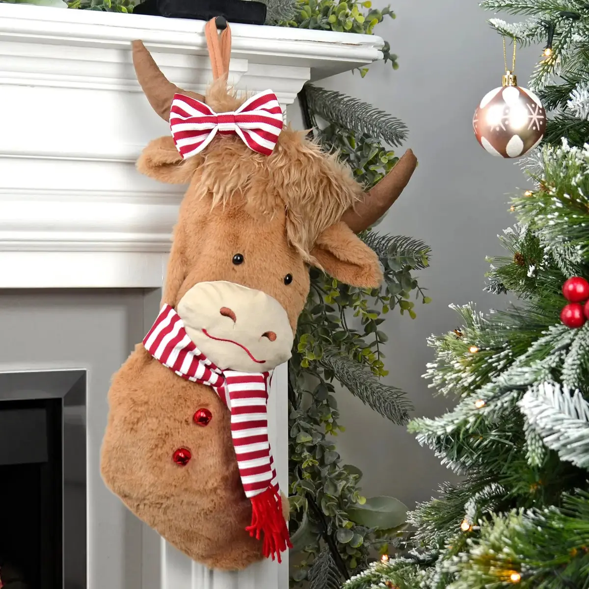Plush Highland Cow Christmas Stocking Red White Scarf Bow 52Cm 1
