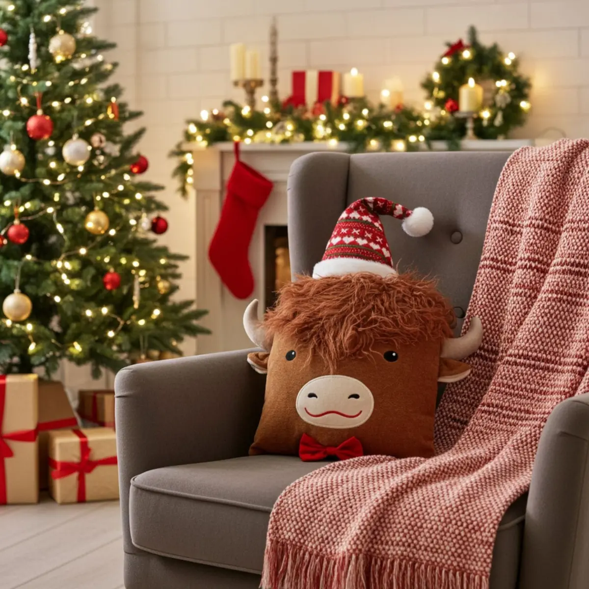 Plush Highland Cow Christmas Cushion Red White Hat Bow 56Cm 1