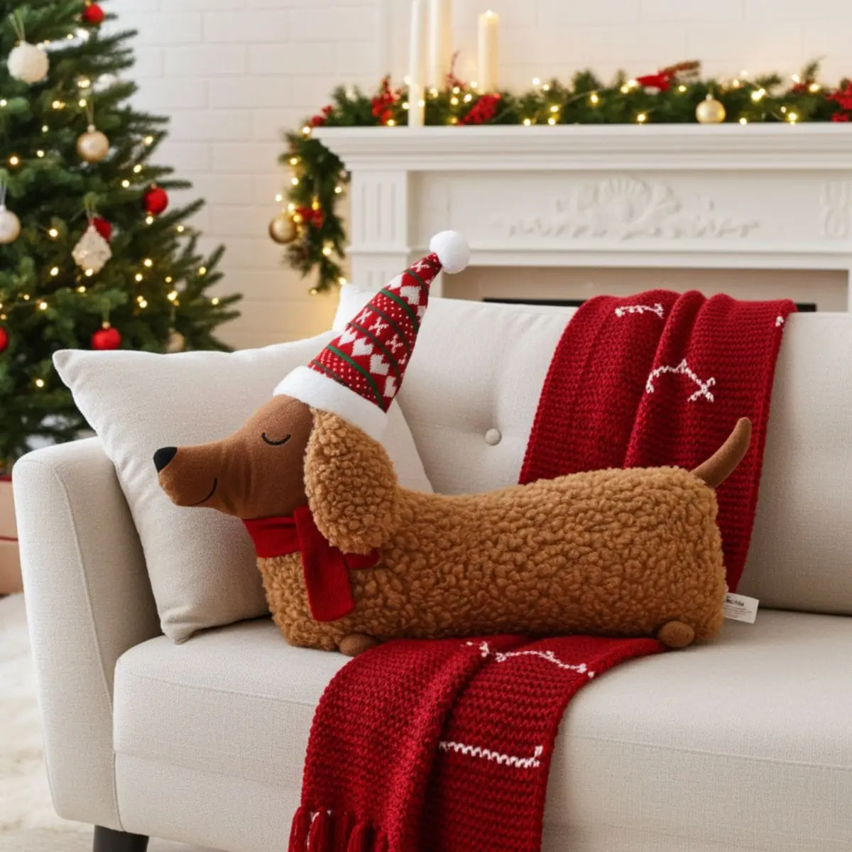 Plush Dog Shaped Christmas Cushion Dachshund Red White Hat 64Cm 1
