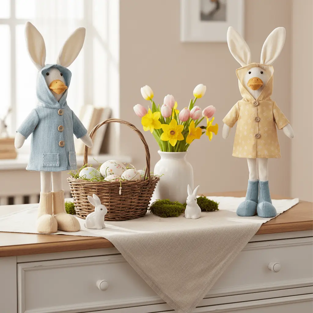 Standing Duck With Raincoat Fabric Figure Spring Easter Decoration 52Cm 1
