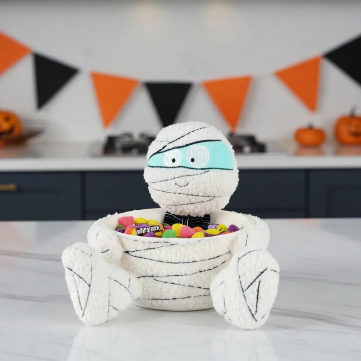 Halloween Mummy Plush Figure Bowtie Candy Holder Treat Bucket Bowl 1