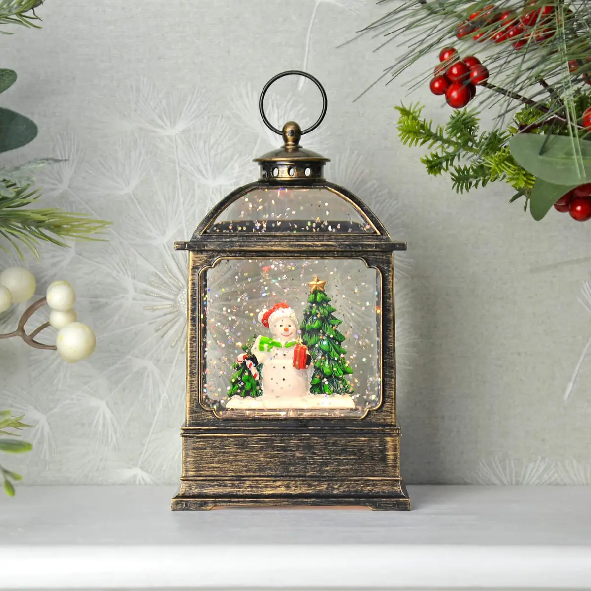 Christmas Glitter Led Water Spinner Antique Lantern Snowman Decoration 1