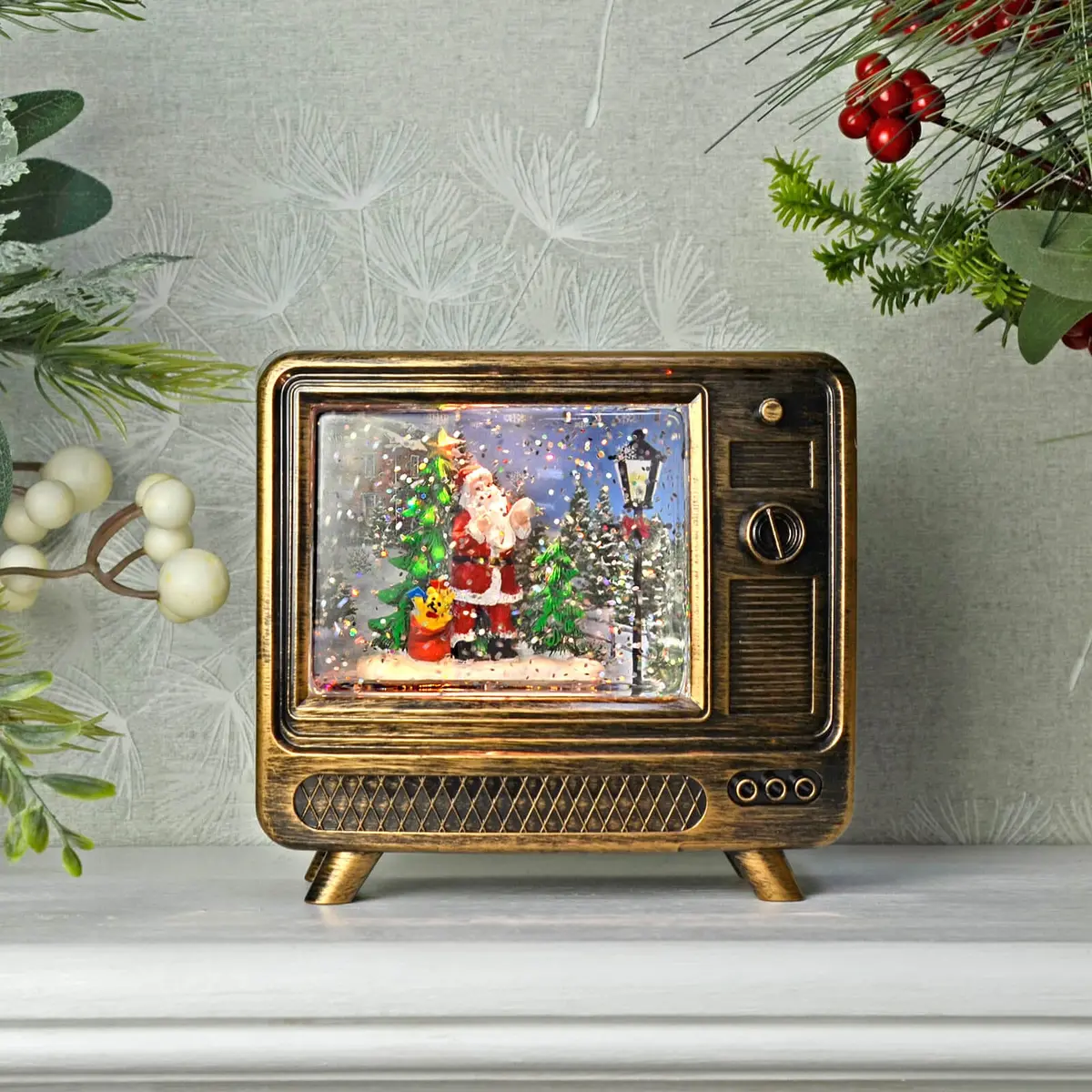 Christmas Glitter Led Water Spinner Gold Antique Tv Santa Snow Scene 1