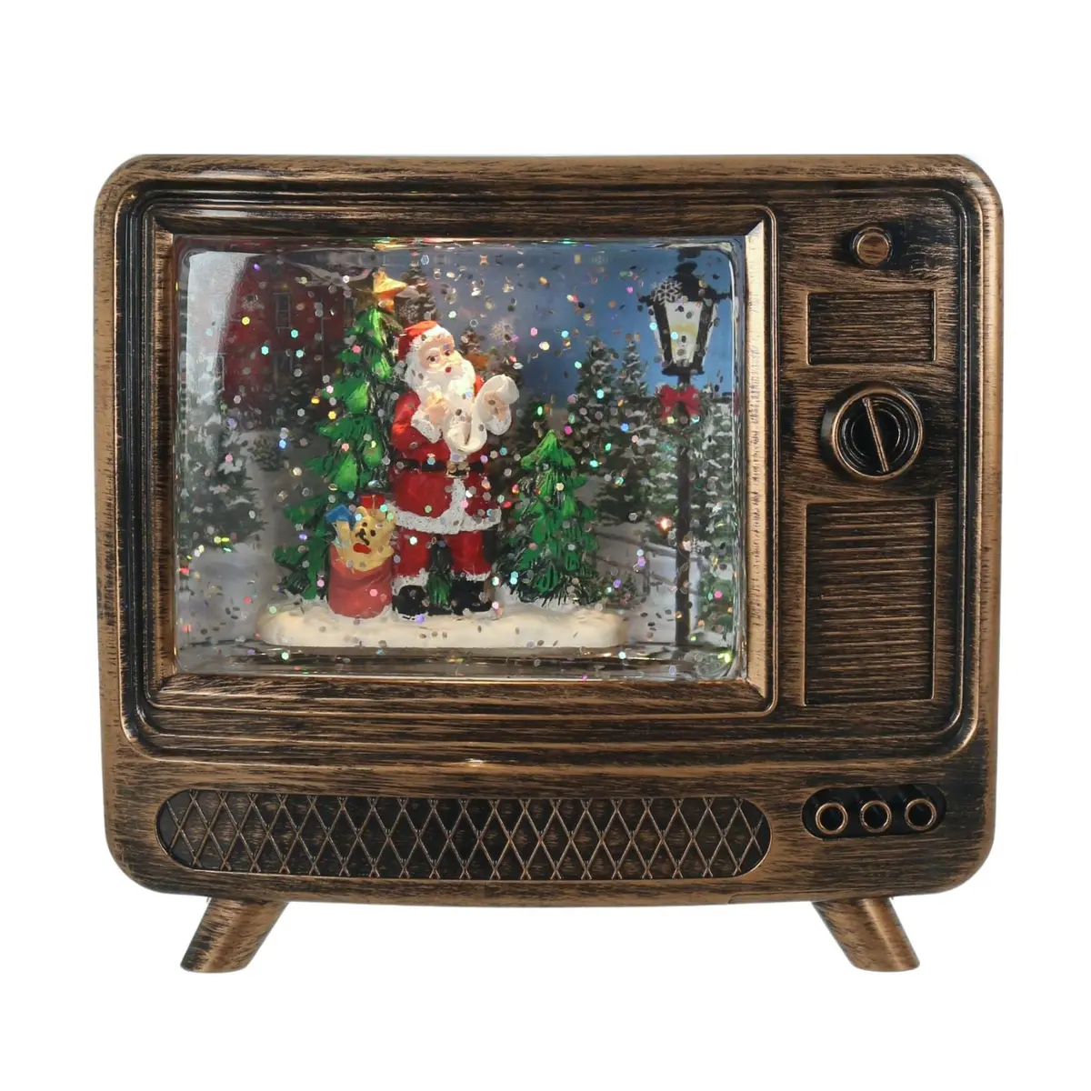 Christmas Glitter Led Water Spinner Gold Antique Tv Santa Snow Scene 2