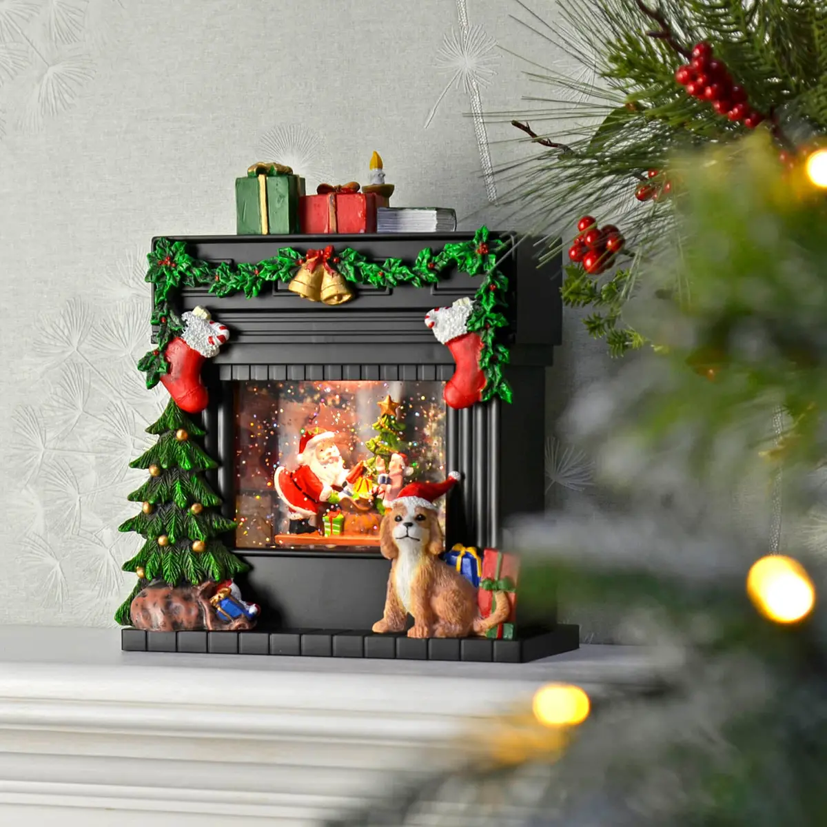 Christmas Led Fireplace Dog Water Snow Spinner Santa Gift Child Scene 1