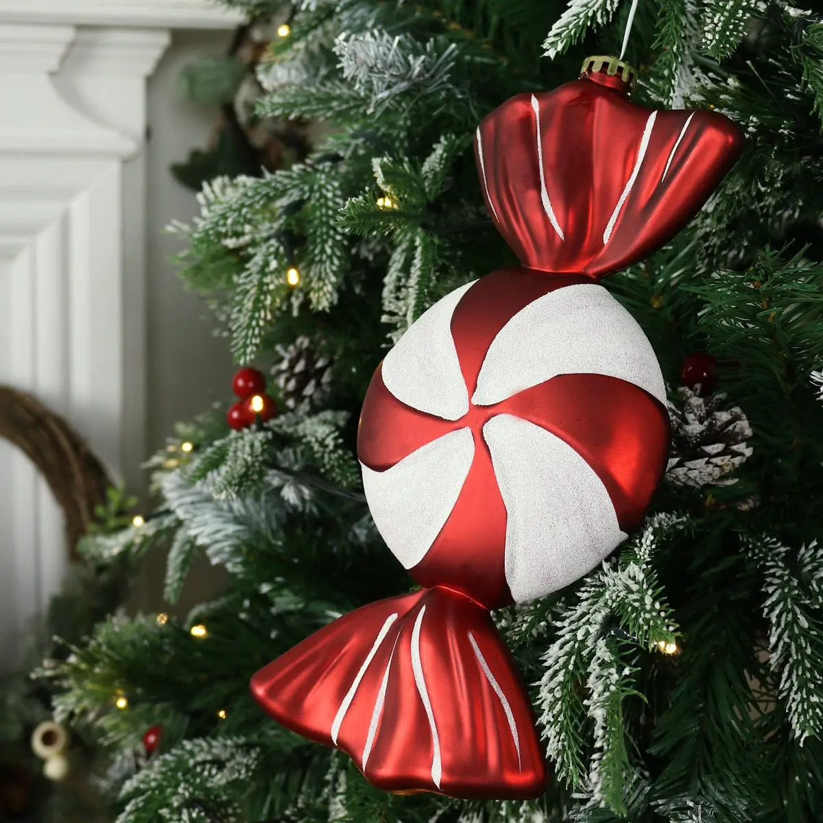 Large Christmas Candy Bauble Decoration Red White Glitter 30Cm 1