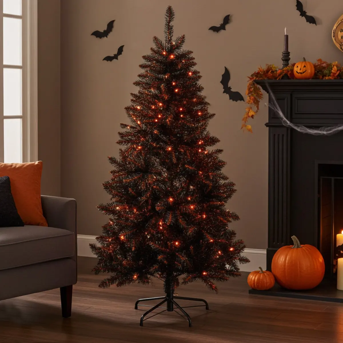 Pre-Lit Halloween Tree Black Branches Orange Led Lights 5Ft 1