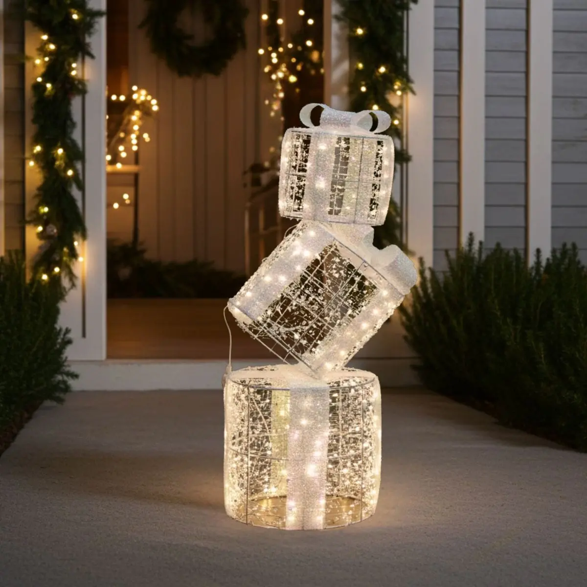 Set Of 3 Stacking Christmas Gift Box Light Decoration Warm White Beads 1