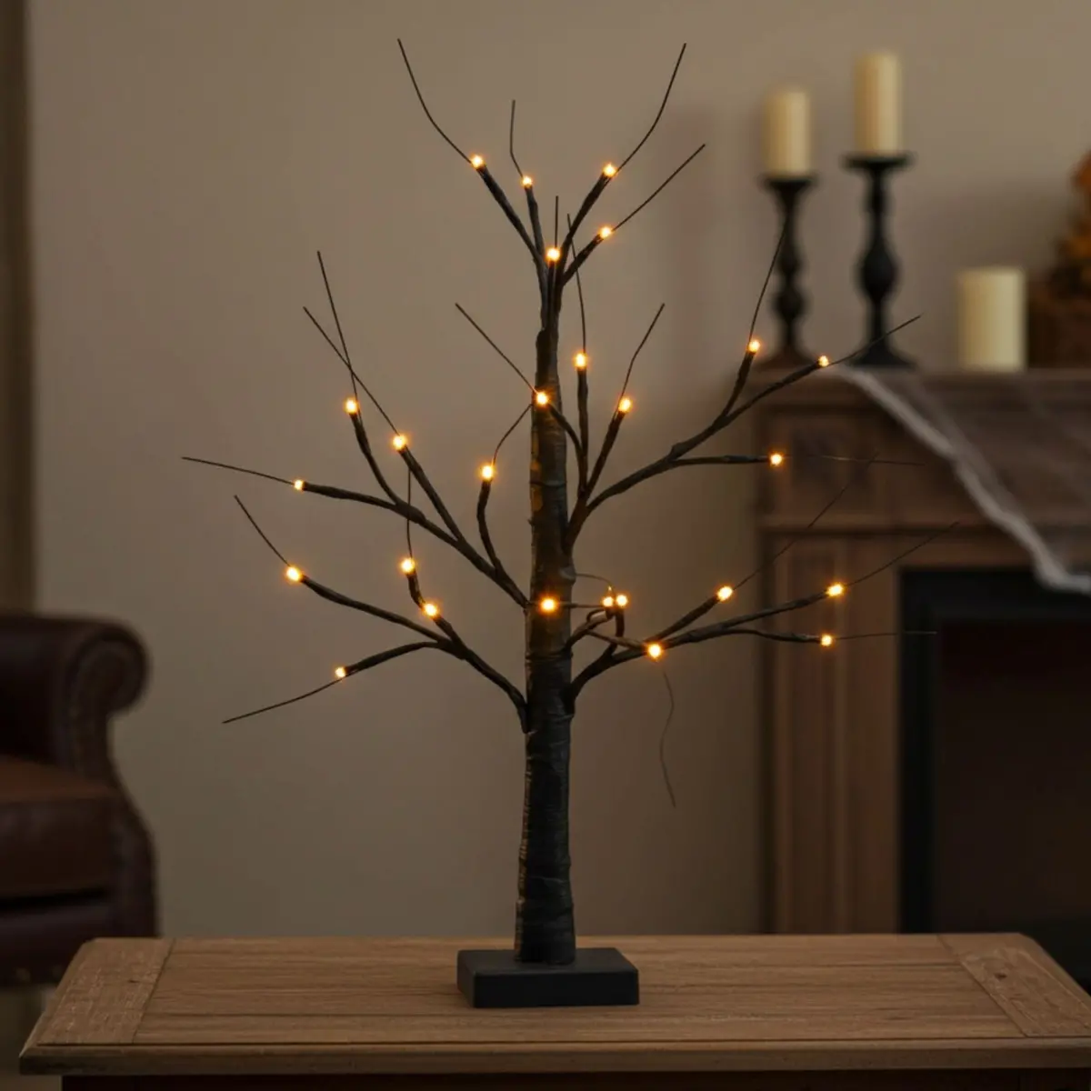 Black Mini Halloween Twig Tree Pre-Lit Orange Static Led Lights 60Cm 1