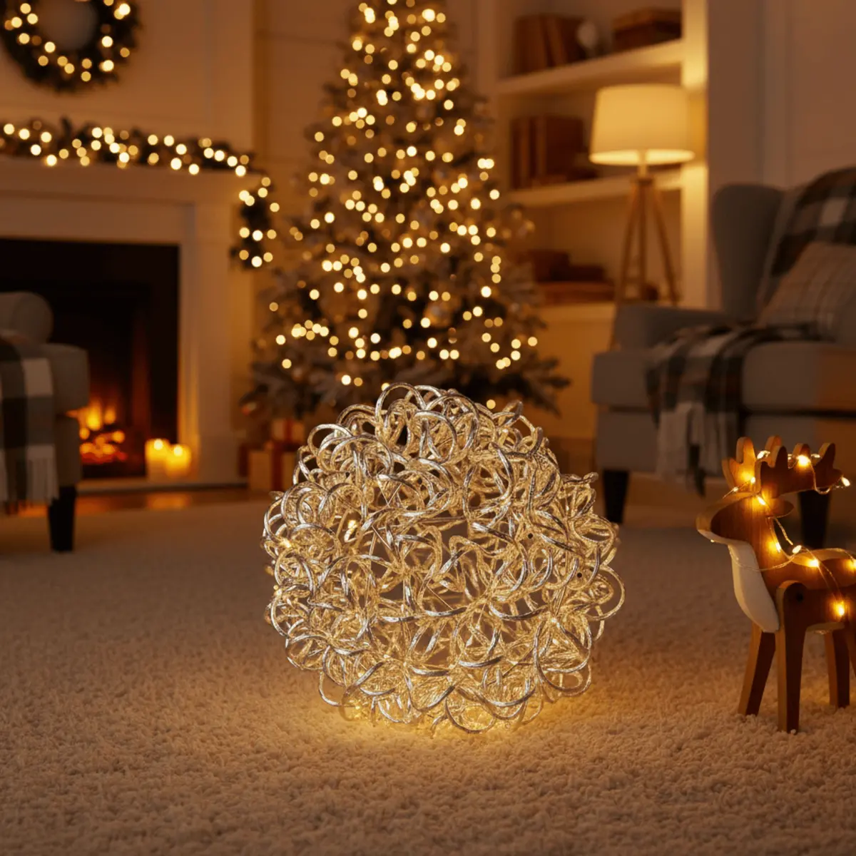 Mr Crimbo 30Cm Pre-Lit Silver Hanging Christmas Ball Aluminium 100 Led 1