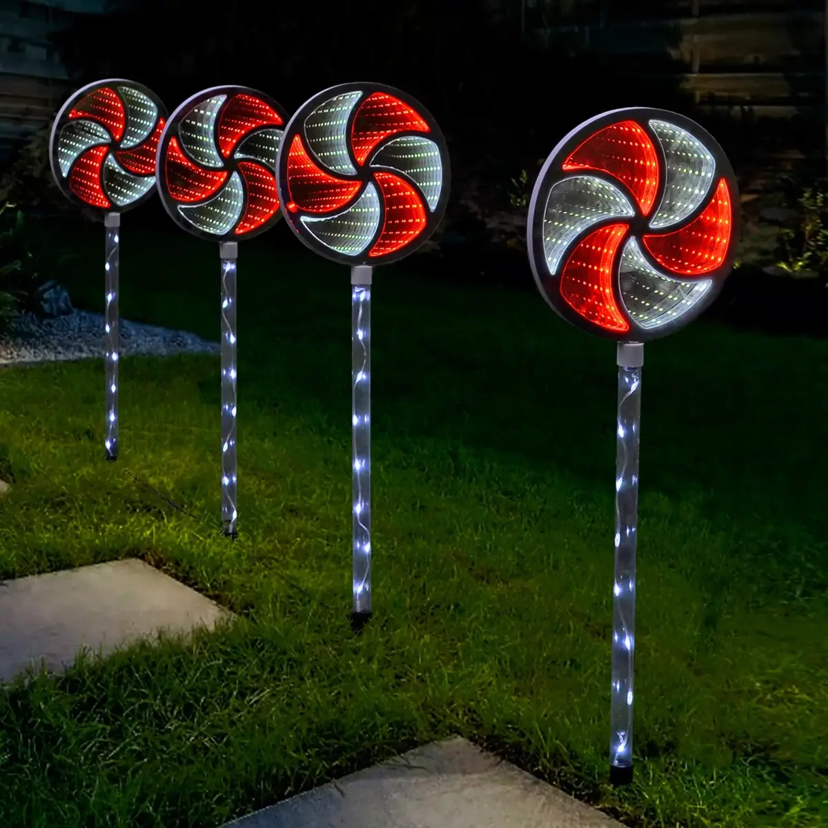 Set Of 4 Christmas Infinity Mirror Lollipop Outdoor Pathway Lights 1