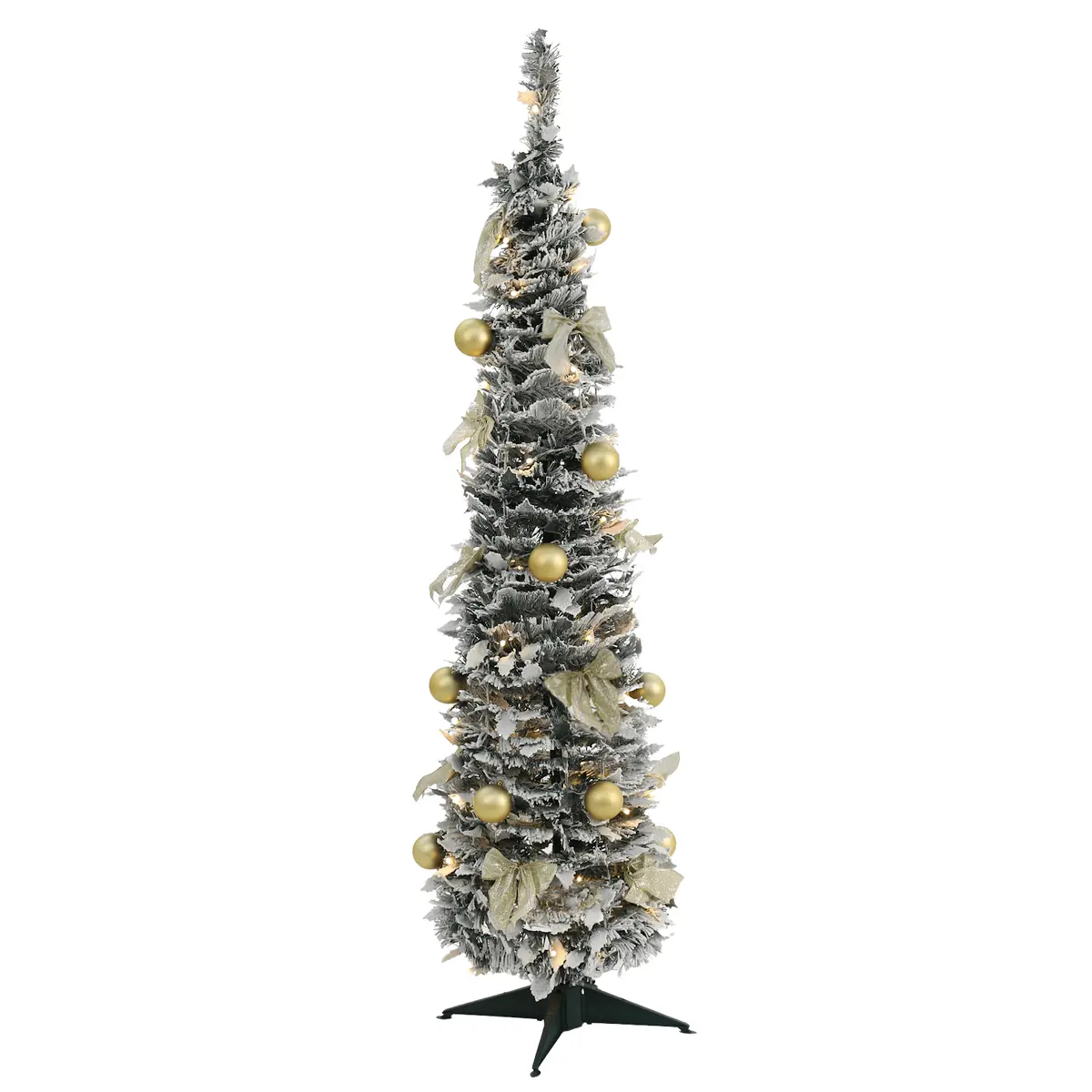 5Ft Pop Up Pre-Lit Decorated Flocked Christmas Tree Gold Bow Baubles 1