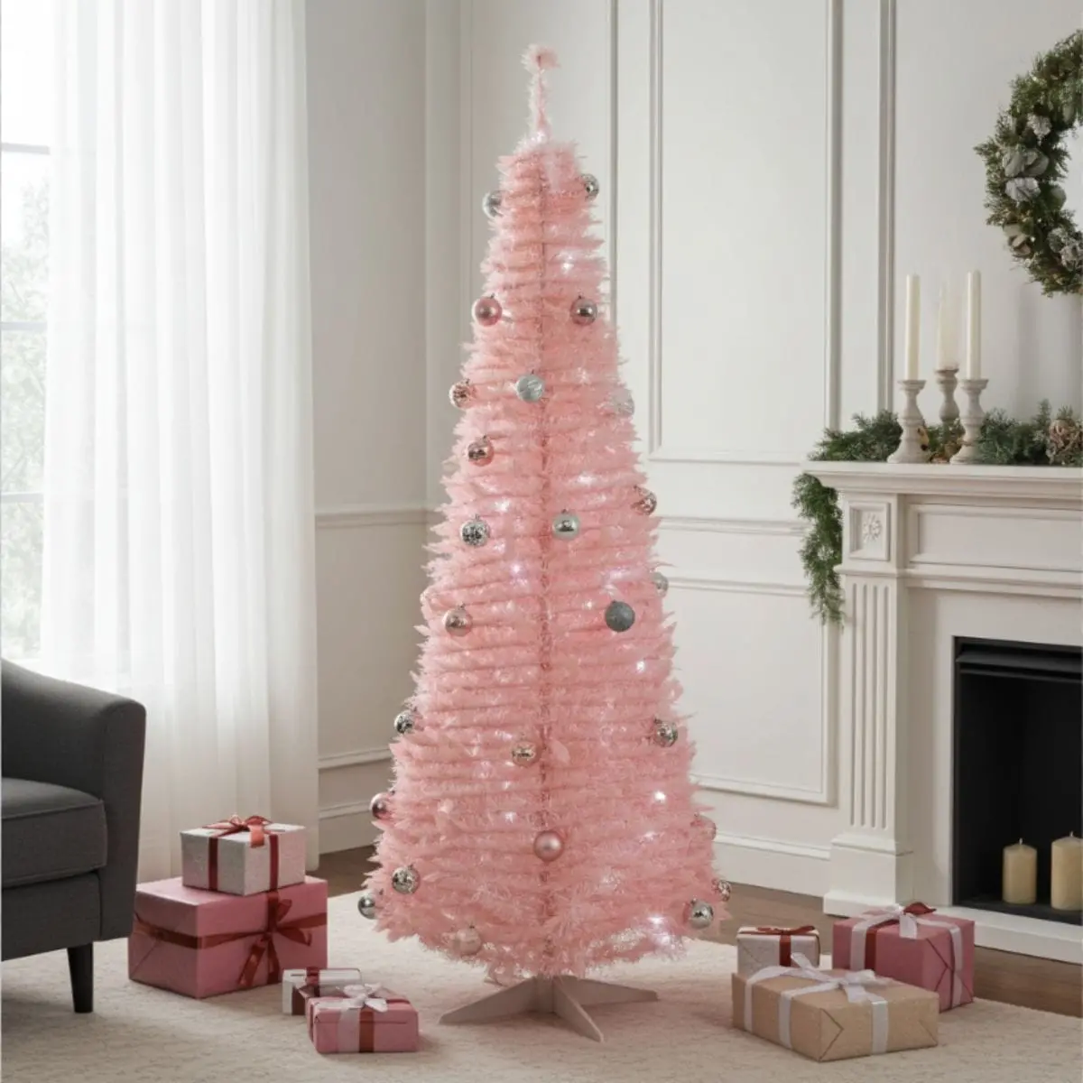 6Ft Pop Up Pre-Lit Decorated Pink Tinsel Christmas Tree Baubles Lights 1