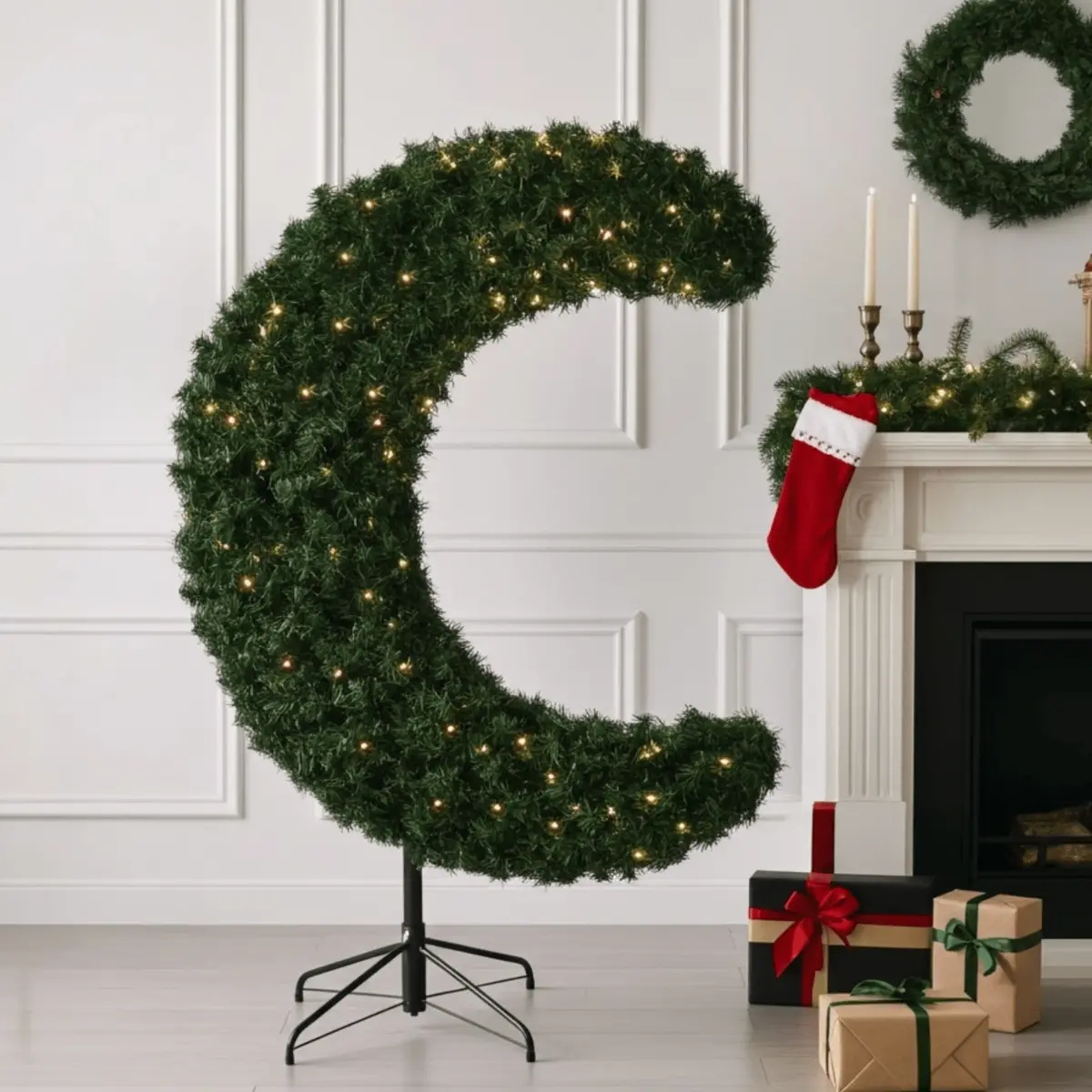 Pre-Lit Crescent Half Moon Shape Christmas Tree Warm White Lights 5Ft 1