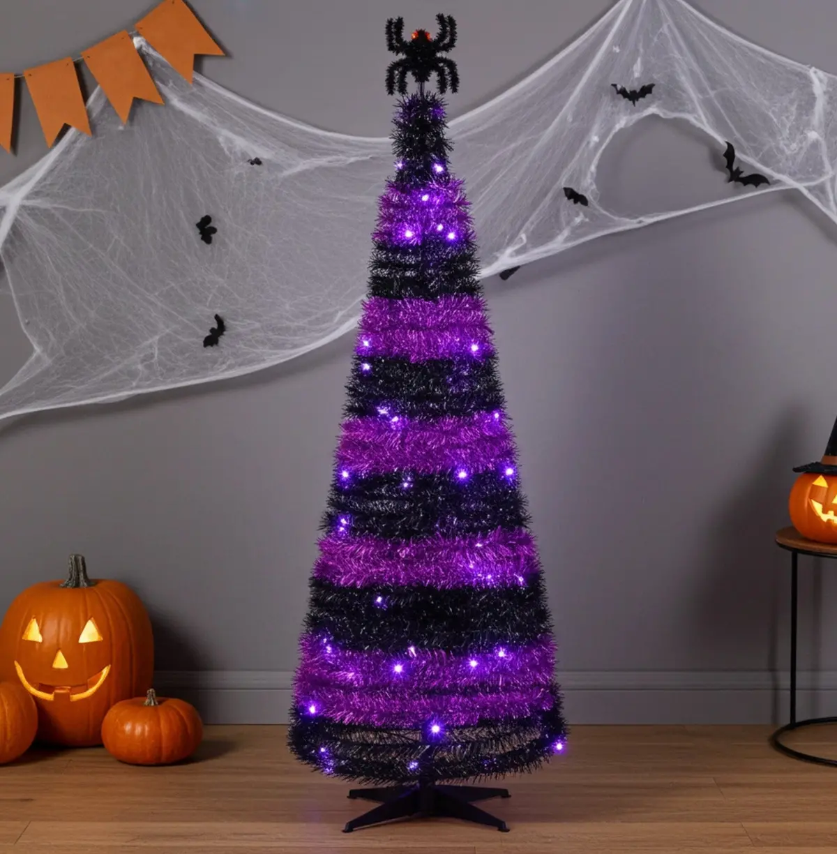 6Ft Pop Up Pre-Lit Halloween Tree Tinsel Spider Topper Decoration Led 1