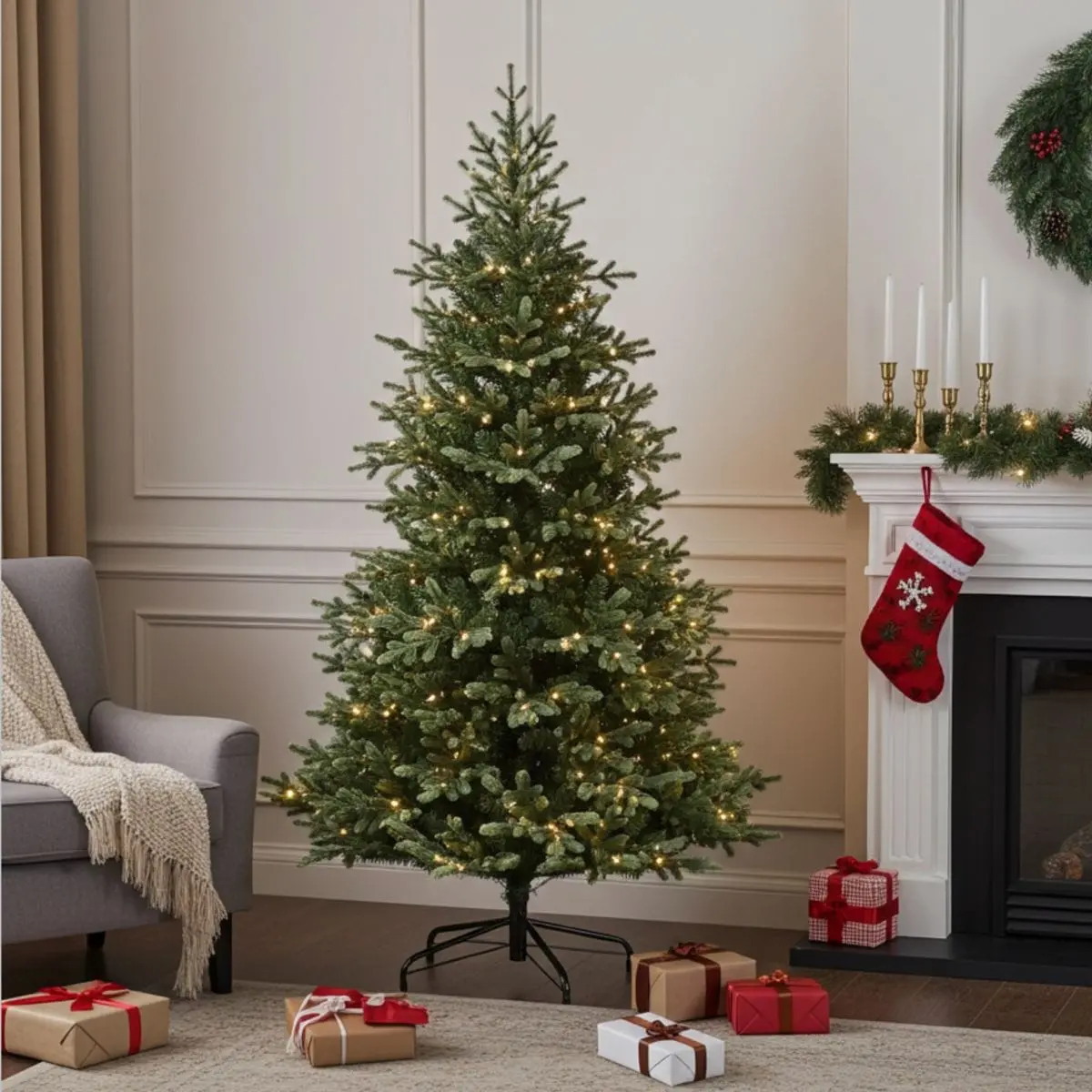6Ft Pre-Lit Green Artificial Christmas Tree Mixed Tips Warm White Led 1