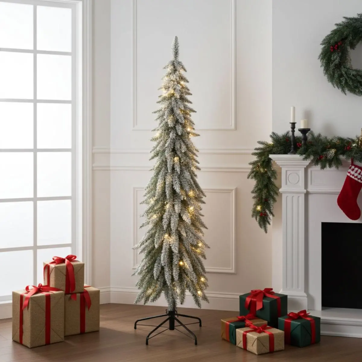 6Ft Slim Snowy Pre-Lit Downswept Flocked Pencil Christmas Tree Lights 1