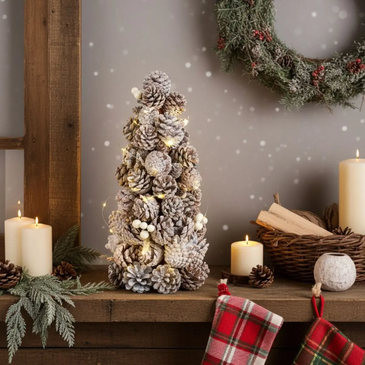 Light Up Pine Cone Christmas Tree Frosted White Snowberries 38Cm 1