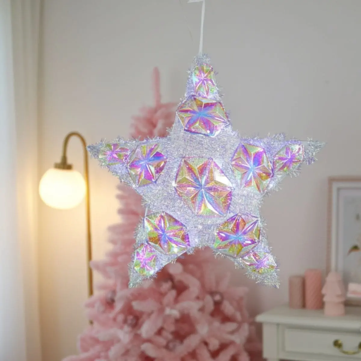 Mr Crimbo Light Up Iridescent Christmas Star Tinsel Decoration 50Cm 1