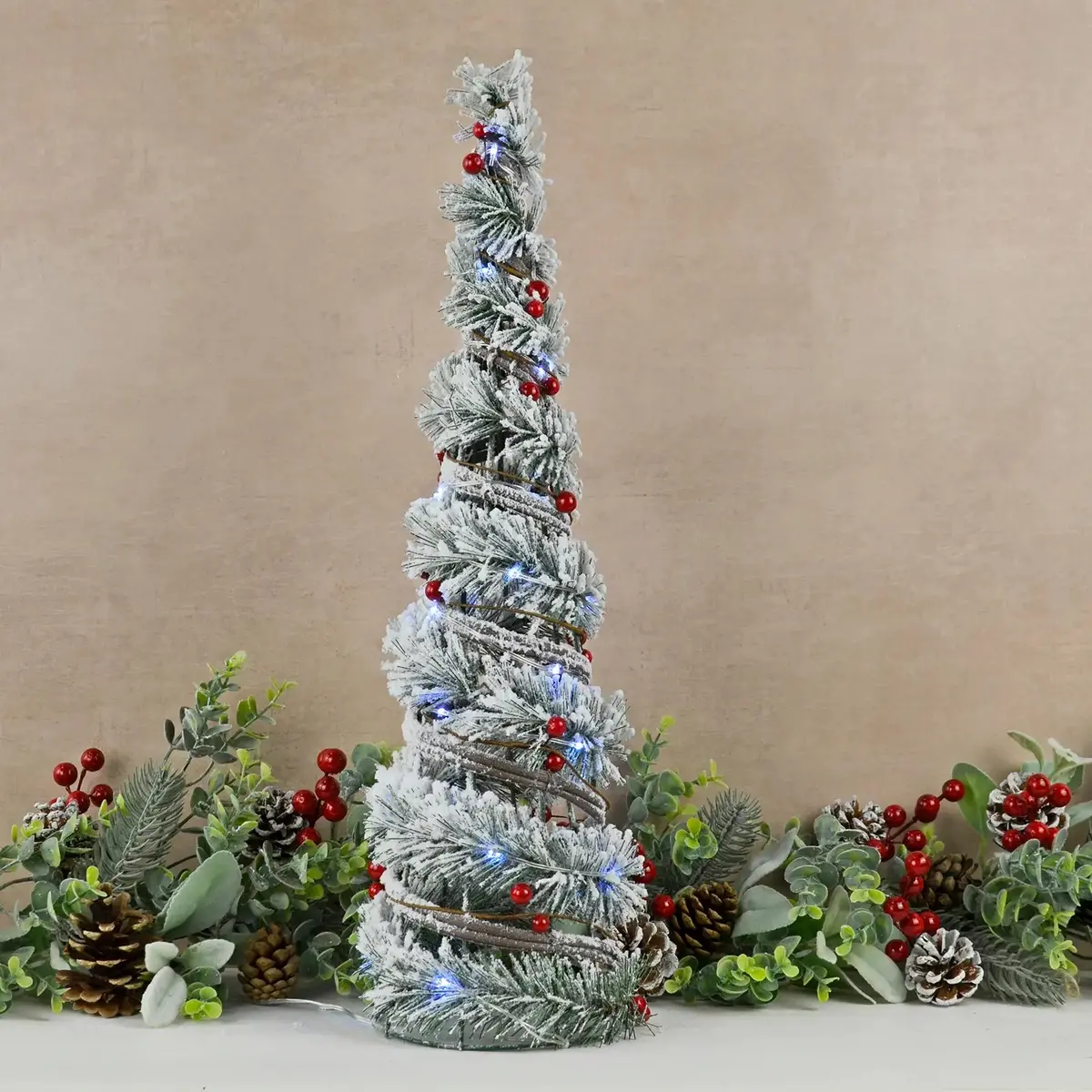 Light Up Cone Christmas Tree Frosted Pine Red Berries 55Cm 1
