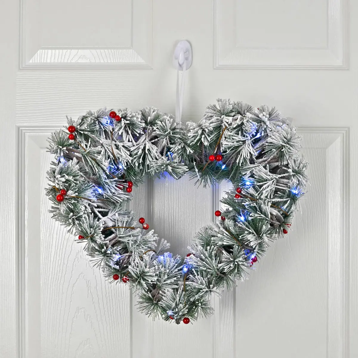 Light Up Heart Shape Christmas Wreath Snow Flocked Berries 42Cm 1