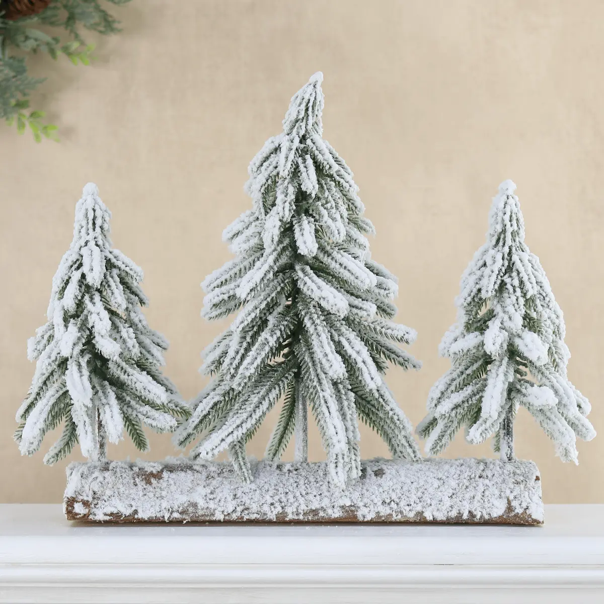 Snow Frosted Christmas Tree Trio Wooden Log Decoration 32Cm 1