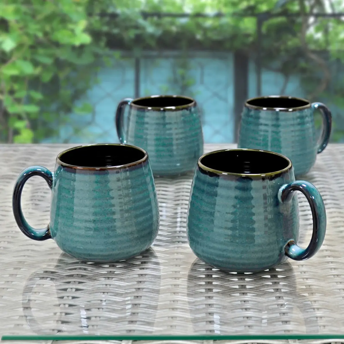 Set Of 4 Large Coffee Mugs Rippled Ombre Blue Green New Bone China 1