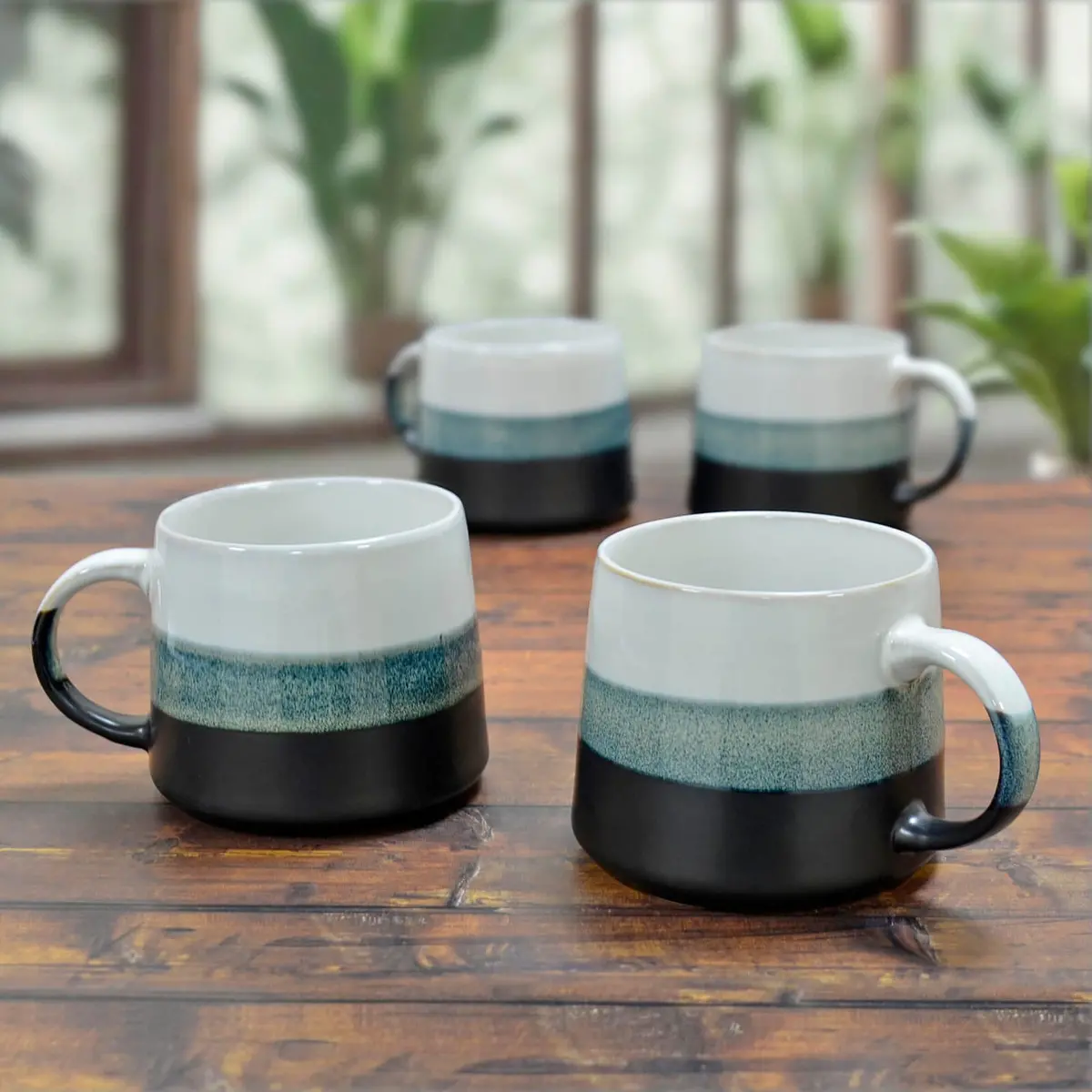 Set Of 4 Large Stoneware Coffee Mugs Gradient Colour Glaze Grey Blue 1