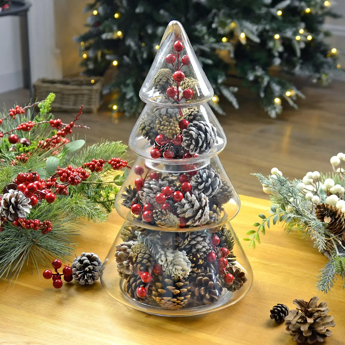Christmas Tree Shape Tier Glass Storage Jar Container Lid Decoration 1