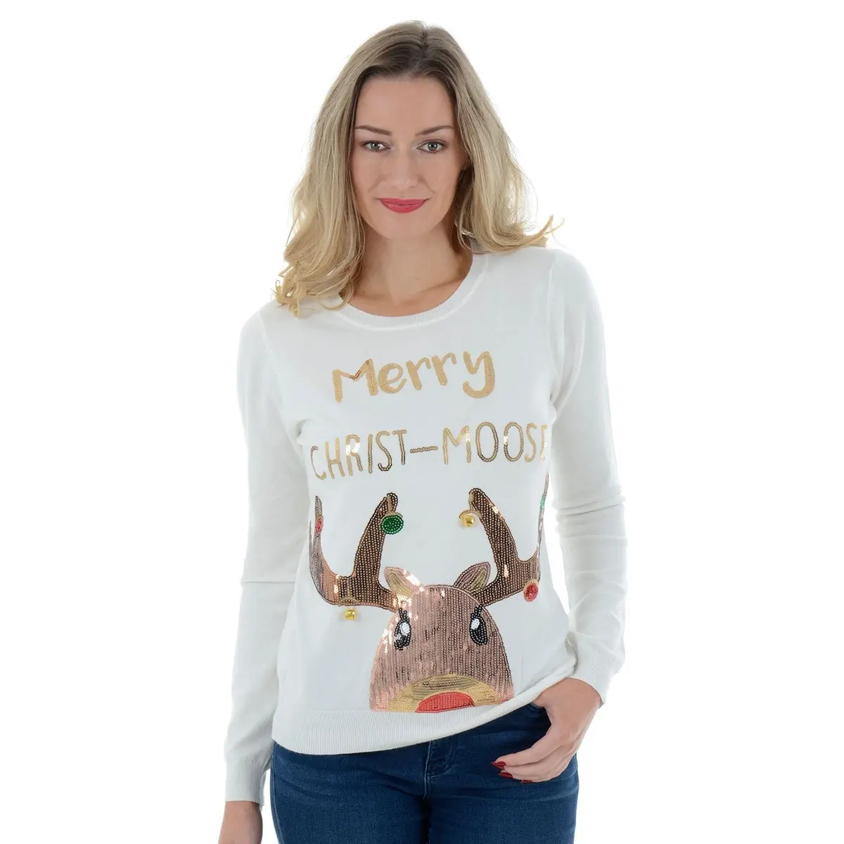 Women's Festive Sequin Moose Christmas Sweater