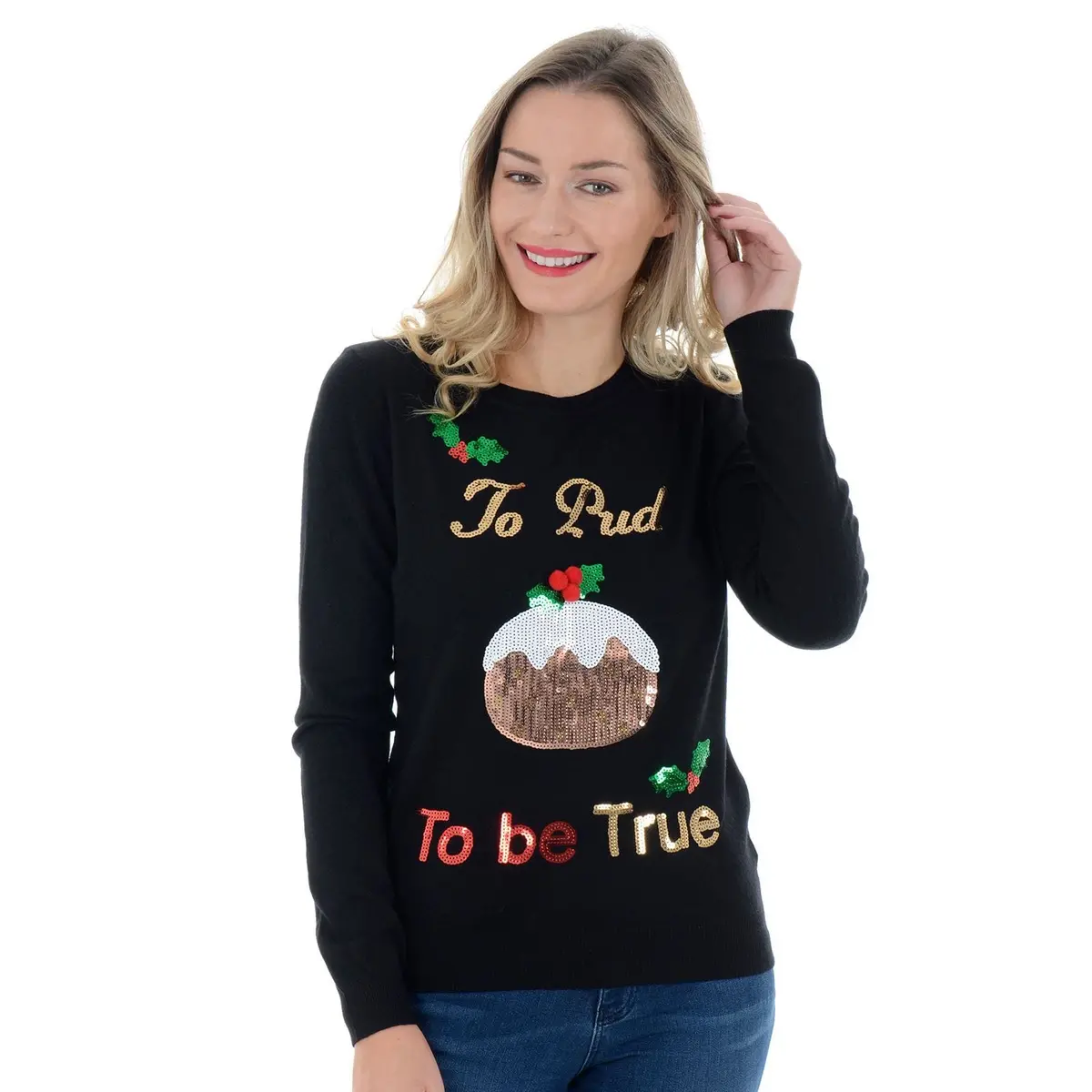 Womens Novelty Sequin To Pud To Be True Christmas Jumper 1