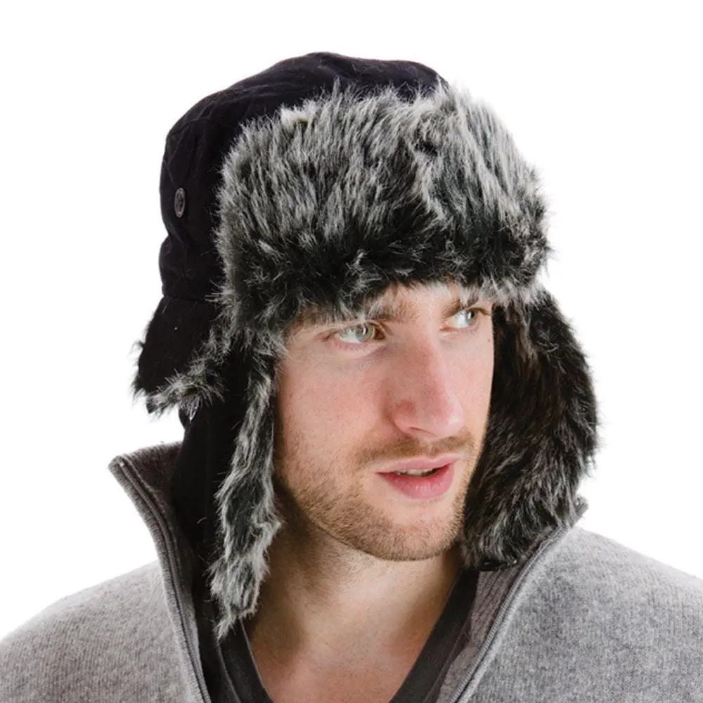 Mens Trapper Hat Faux Fur Trim Ear Flaps Black 1