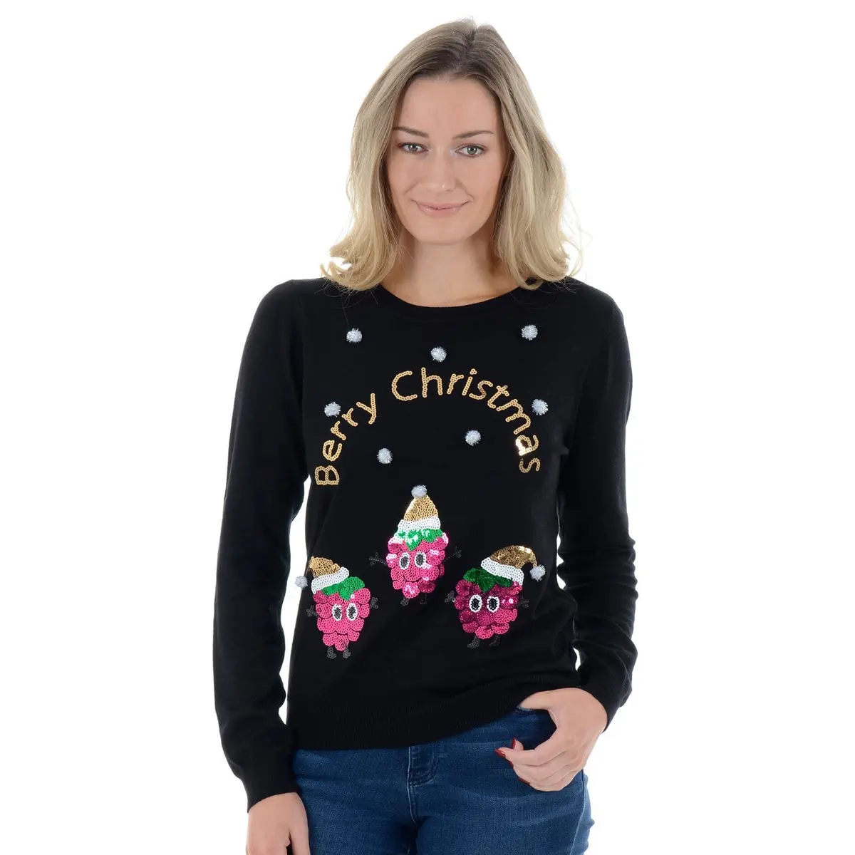 Womens Novelty Sequin Raspberry Christmas Jumper 1